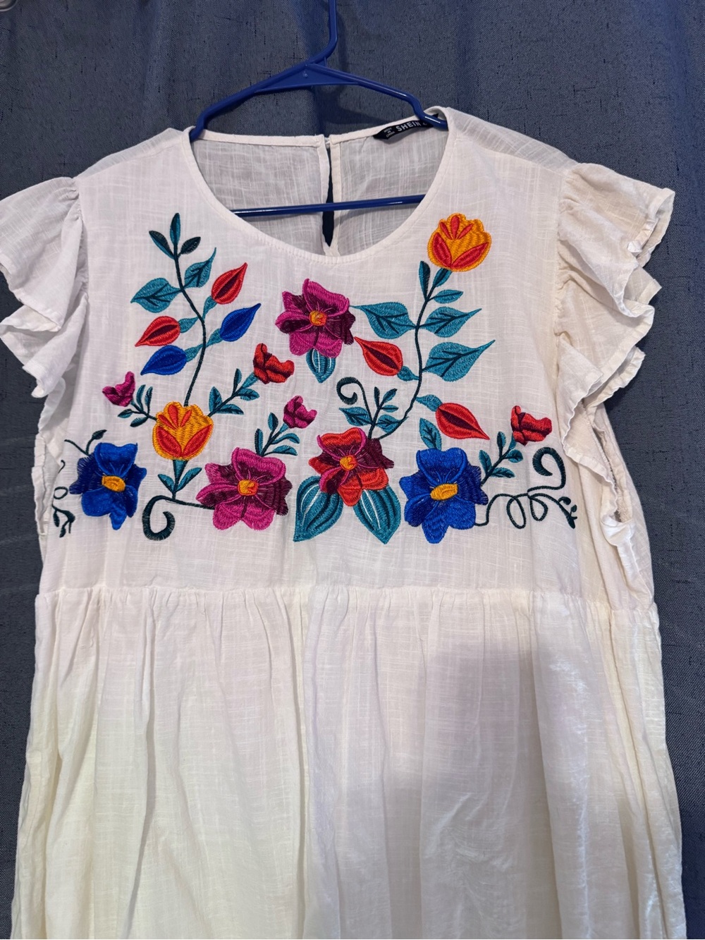 Embroidered white Casual Women's Dress with Flutter Sleeves - Picture 2 of 3